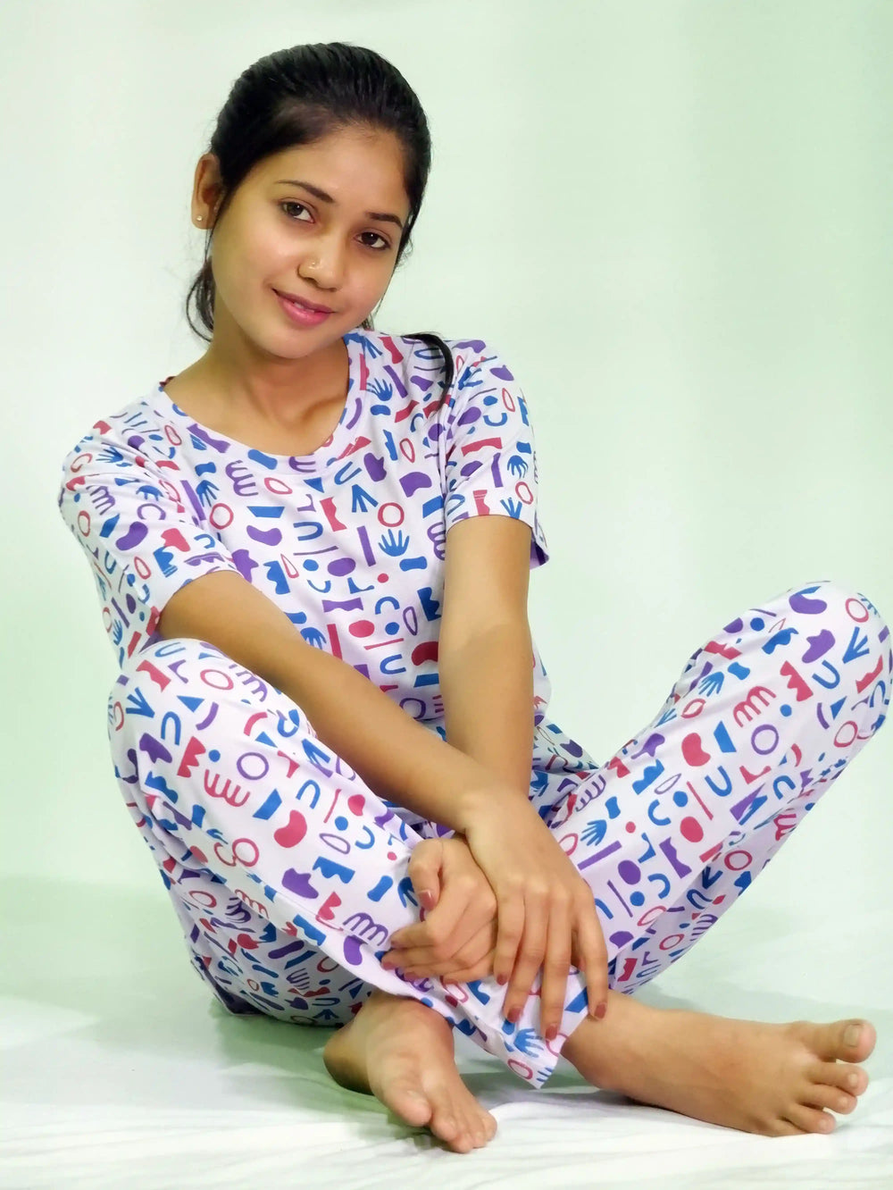 Random Objects Print T-shirt & Pant Night Dress in Pastel Lilac | Playout - EarthBased 