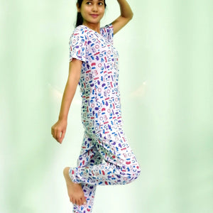 Random Objects Print T-shirt & Pant Night Dress in Pastel Lilac | Playout - EarthBased 