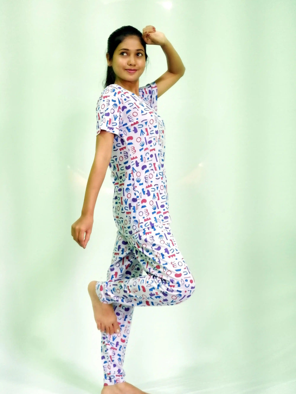 Random Objects Print T-shirt & Pant Night Dress in Pastel Lilac | Playout - EarthBased 