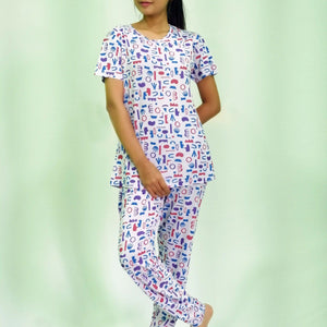 Random Objects Print T-shirt & Pant Night Dress in Pastel Lilac | Playout - EarthBased 