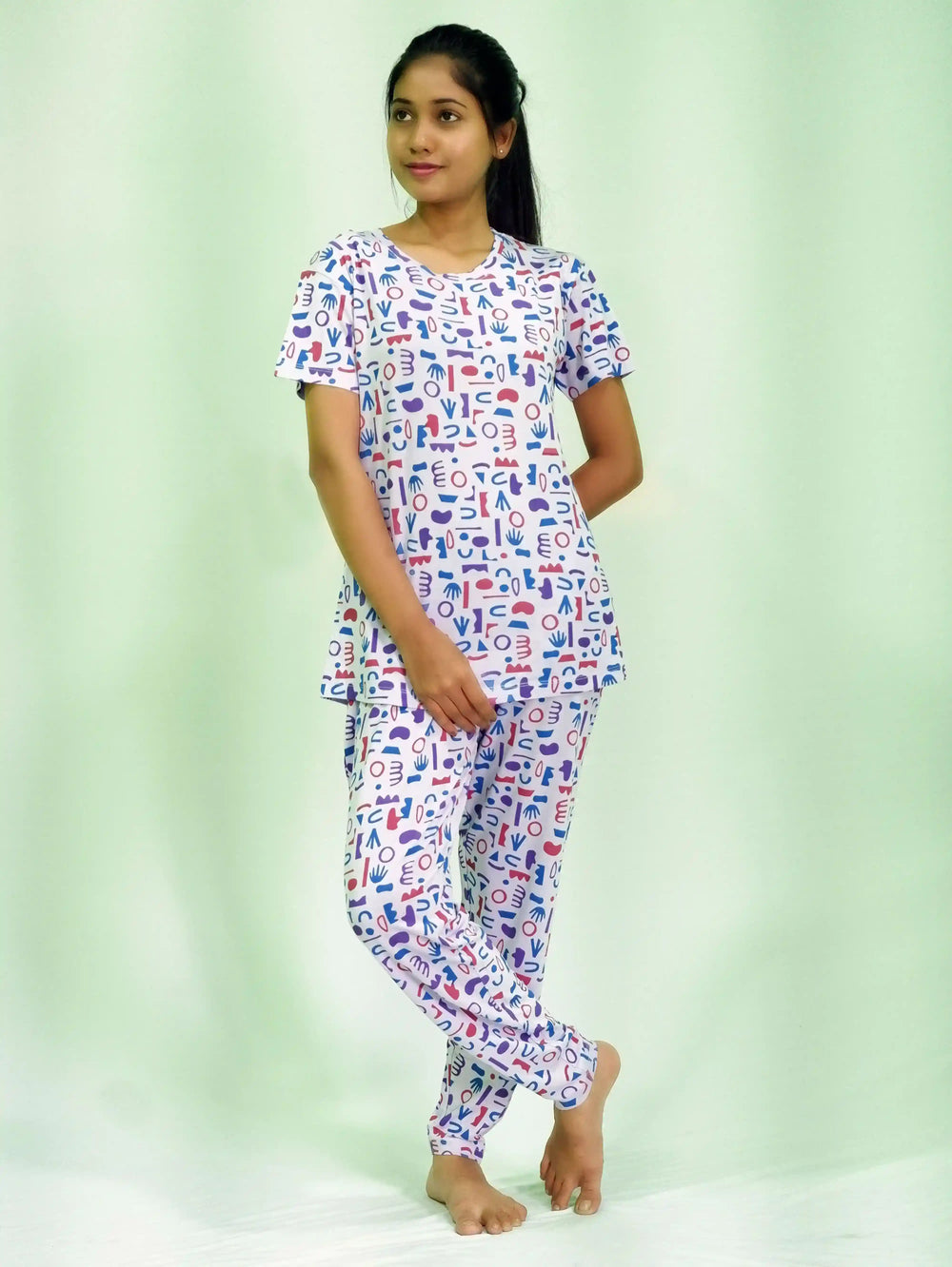 Random Objects Print T-shirt & Pant Night Dress in Pastel Lilac | Playout - EarthBased 