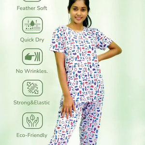 Random Objects Print T-shirt & Pant Night Dress in Pastel Lilac | Playout - EarthBased 