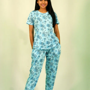 Snowflake Print T-shirt & Pant Night Dress in Air Blue | Playout - EarthBased 