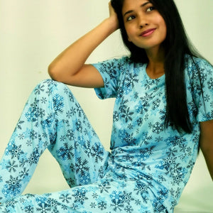 Snowflake Print T-shirt & Pant Night Dress in Air Blue | Playout - EarthBased 