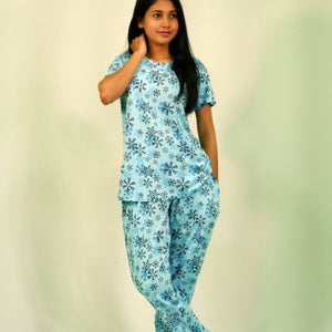 Snowflake Print T-shirt & Pant Night Dress in Air Blue | Playout - EarthBased 