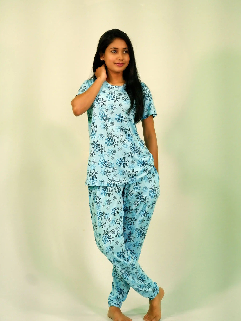 Snowflake Print T-shirt & Pant Night Dress in Air Blue | Playout - EarthBased 
