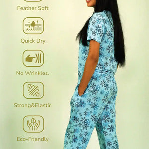 Snowflake Print T-shirt & Pant Night Dress in Air Blue | Playout - EarthBased 