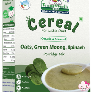 TummyFriendly Foods Certified Organic Oats, Green Moong, Spinach Porridge Mix | Organic Baby Food for 8 Months Old | Made of Sprouted Whole Green Moong | Rich in Iron, Protein & Micro-Nutrients (200 g) - EarthBased 