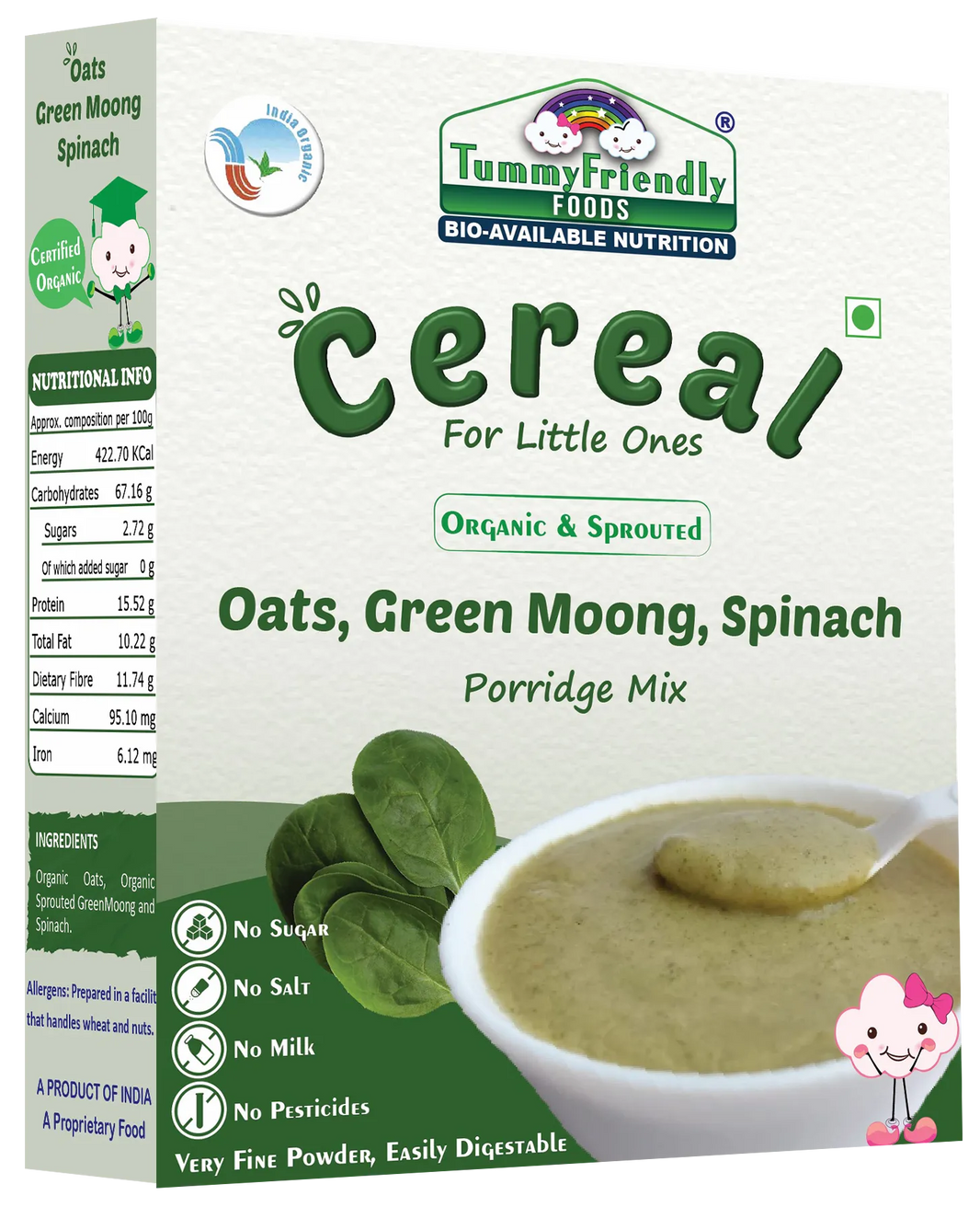 TummyFriendly Foods Certified Organic Oats, Green Moong, Spinach Porridge Mix | Organic Baby Food for 8 Months Old | Made of Sprouted Whole Green Moong | Rich in Iron, Protein & Micro-Nutrients (200 g) - EarthBased 