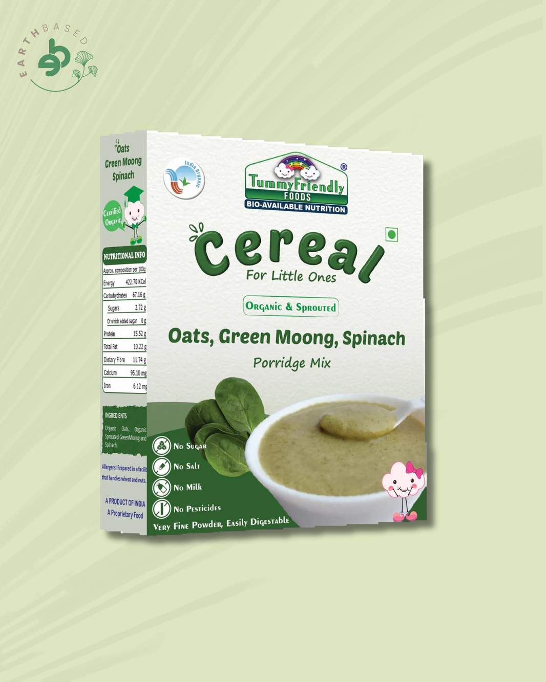 TummyFriendly Foods Certified Organic Oats, Green Moong, Spinach Porridge Mix | Organic Baby Food for 8 Months Old | Made of Sprouted Whole Green Moong | Rich in Iron, Protein & Micro-Nutrients (200 g) - EarthBased 