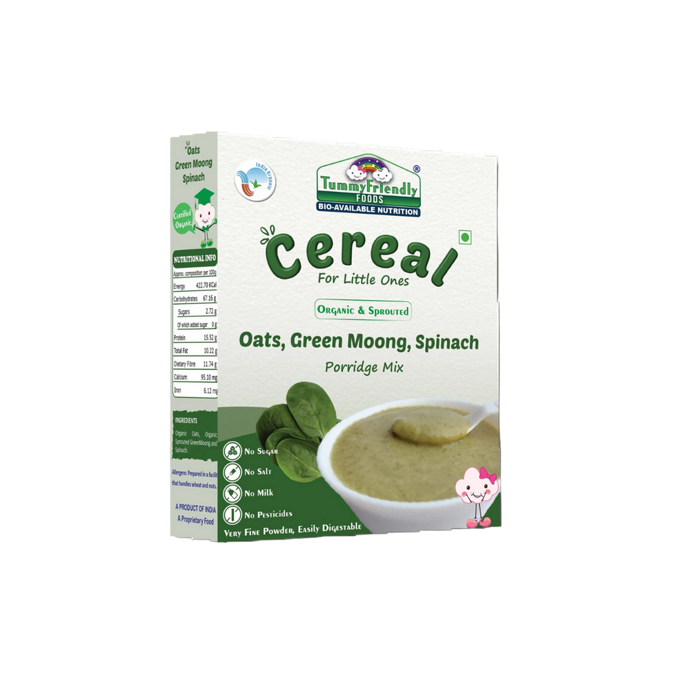TummyFriendly Foods Certified Organic Oats, Green Moong, Spinach Porridge Mix | Organic Baby Food for 8 Months Old | Made of Sprouted Whole Green Moong | Rich in Iron, Protein & Micro-Nutrients (200 g) - EarthBased 
