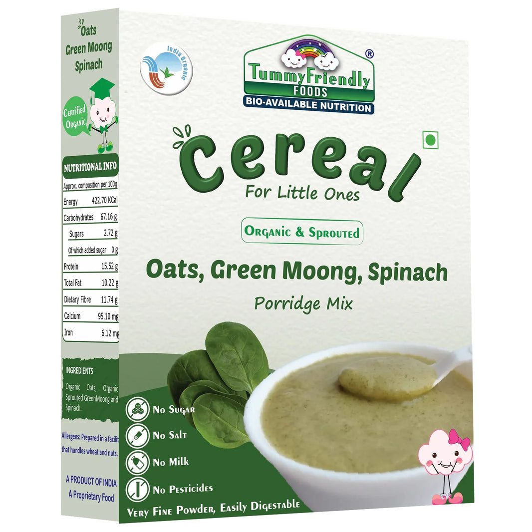 TummyFriendly Foods Certified Organic Oats, Green Moong, Spinach Porridge Mix | Organic Baby Food for 8 Months Old | Made of Sprouted Whole Green Moong | Rich in Iron, Protein & Micro-Nutrients (200 g) - EarthBased 
