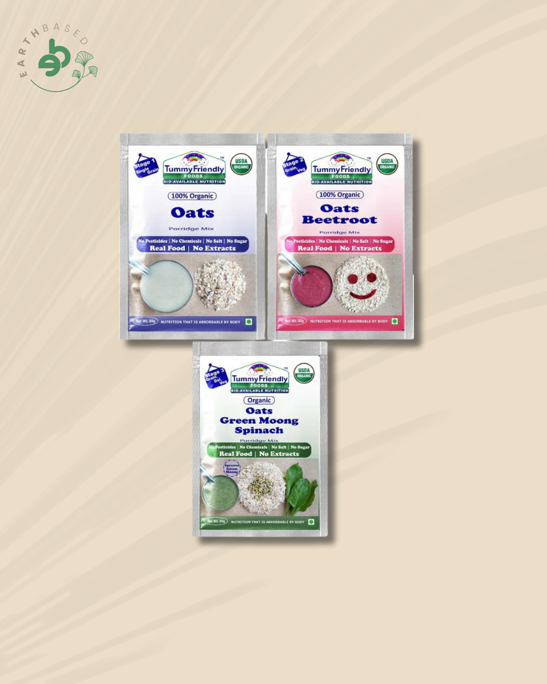 TummyFriendly Foods Certified Oats Porridge Mixes - Stage1, Stage2, Stage3 | Rich in Beta-Glucan, Protein & Fibre|3 Packs, 50g Each Cereal (150 g, Pack of 3) - EarthBased 