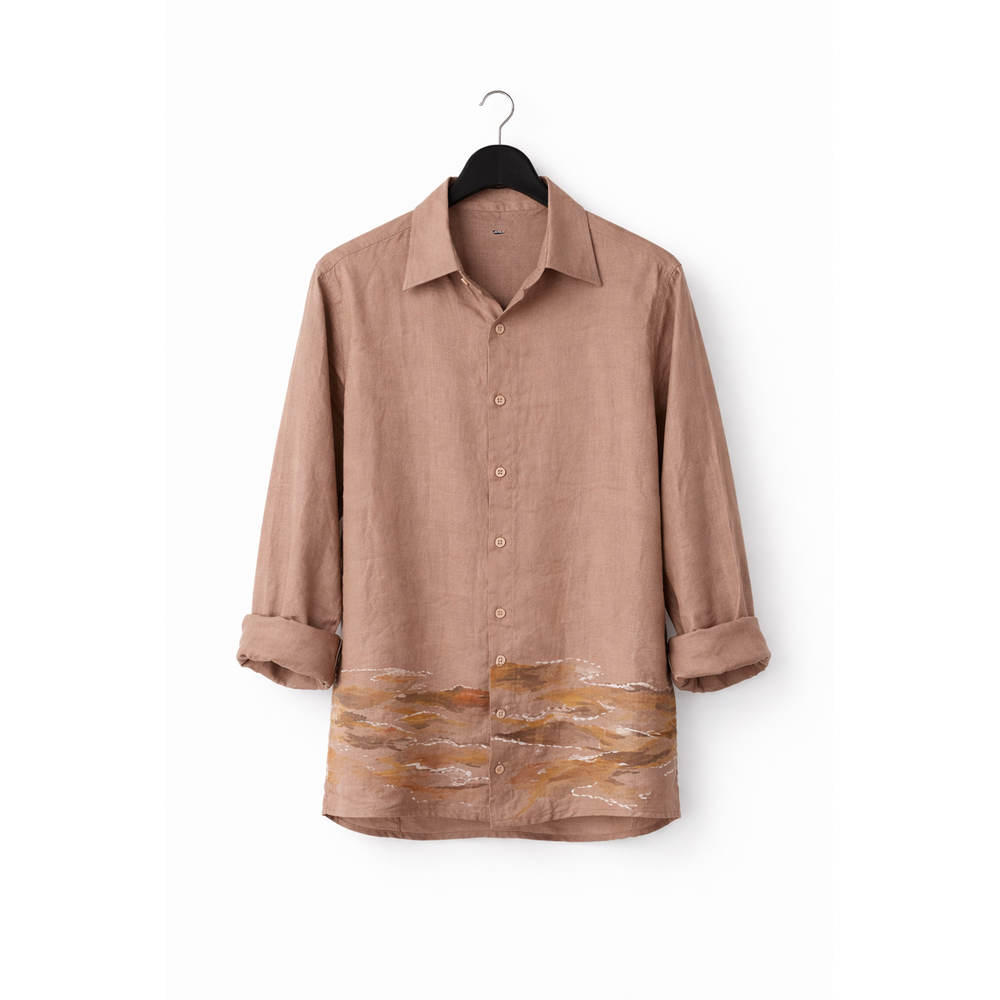 Beige ocassion wear shirt with patterned hand painted hem