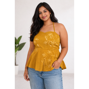 Ochre Phool halter top by JOD with hand-embroidered floral detailing