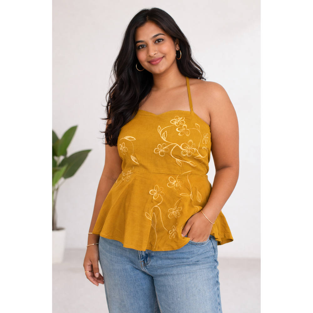 Ochre Phool halter top by JOD with hand-embroidered floral detailing