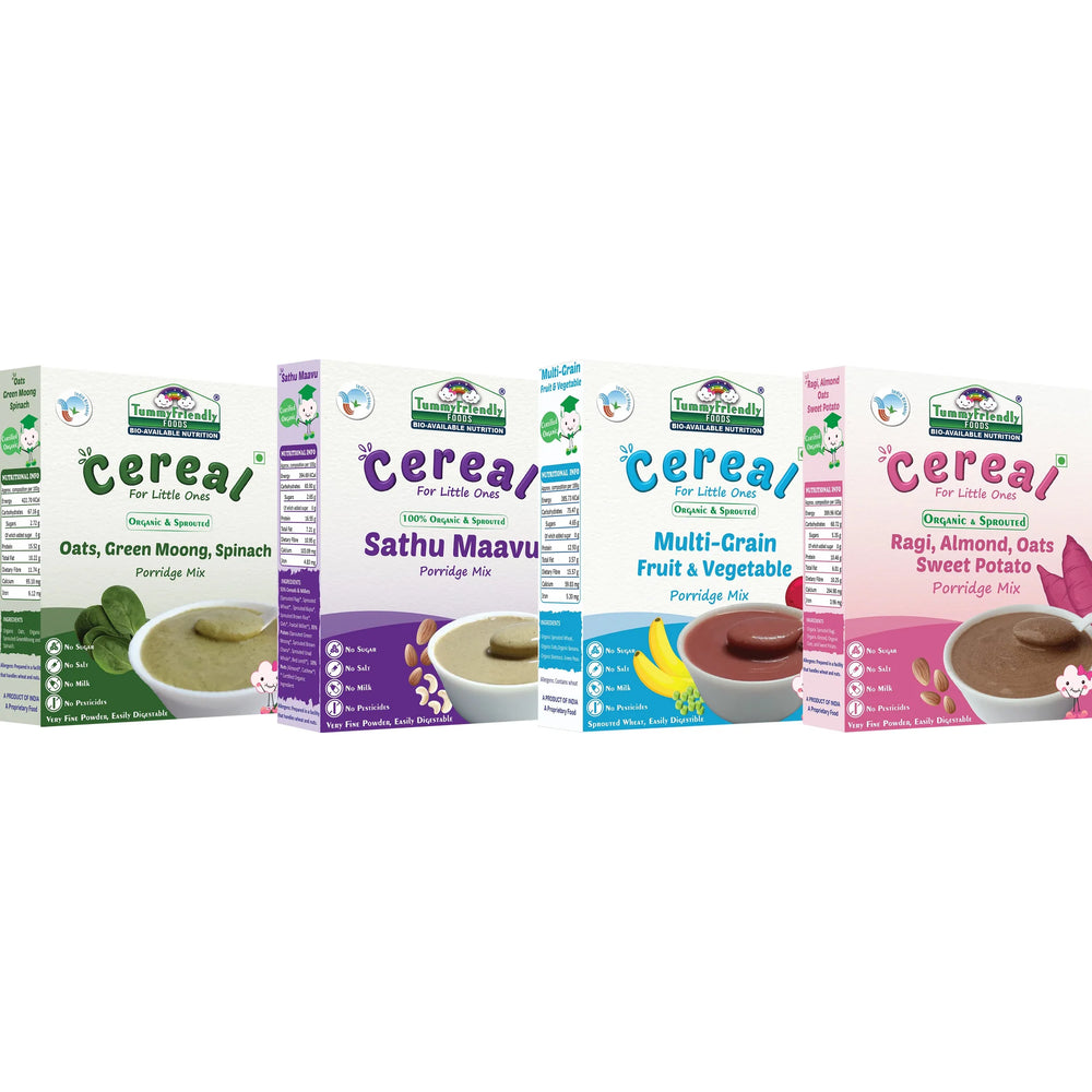 TummyFriendly Foods Organic Certified Stage3 Sprouted Porridge Mixes Combo - 4 Packs With Oats | Organic Baby Food for 8 Months Old Baby |4 Packs, 200g Each Cereal (800 g, Pack of 4) - EarthBased 