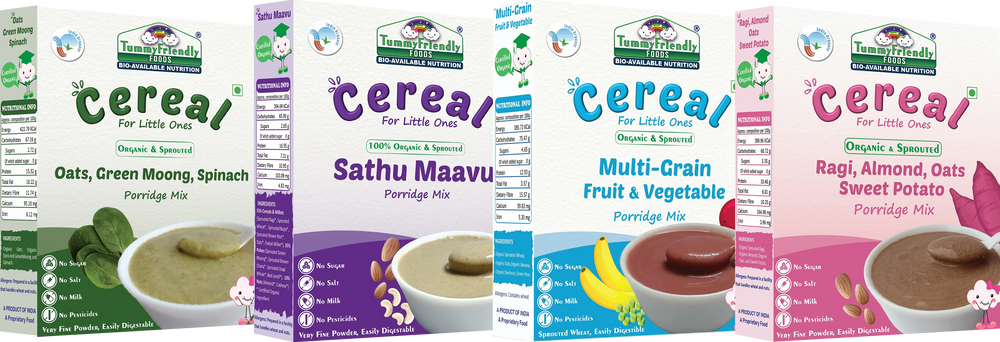 TummyFriendly Foods Organic Certified Stage3 Sprouted Porridge Mixes Combo - 4 Packs With Oats | Organic Baby Food for 8 Months Old Baby |4 Packs, 200g Each Cereal (800 g, Pack of 4) - EarthBased 