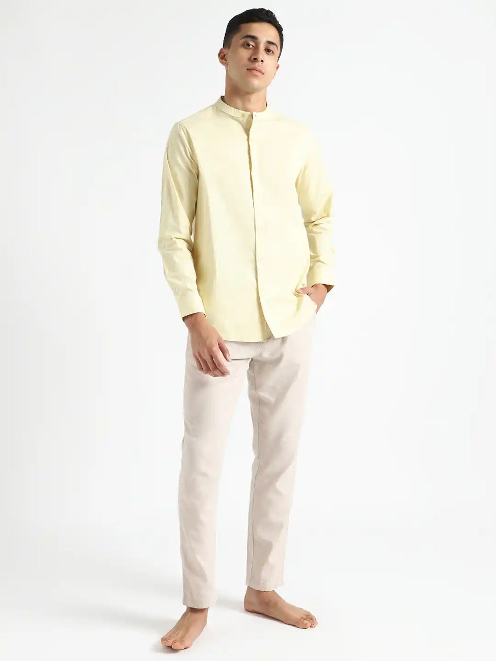 Organic Cotton & Naturally Dyed Mens Round Neck Lemon Yellow Shirt by Livbio - EarthBased 