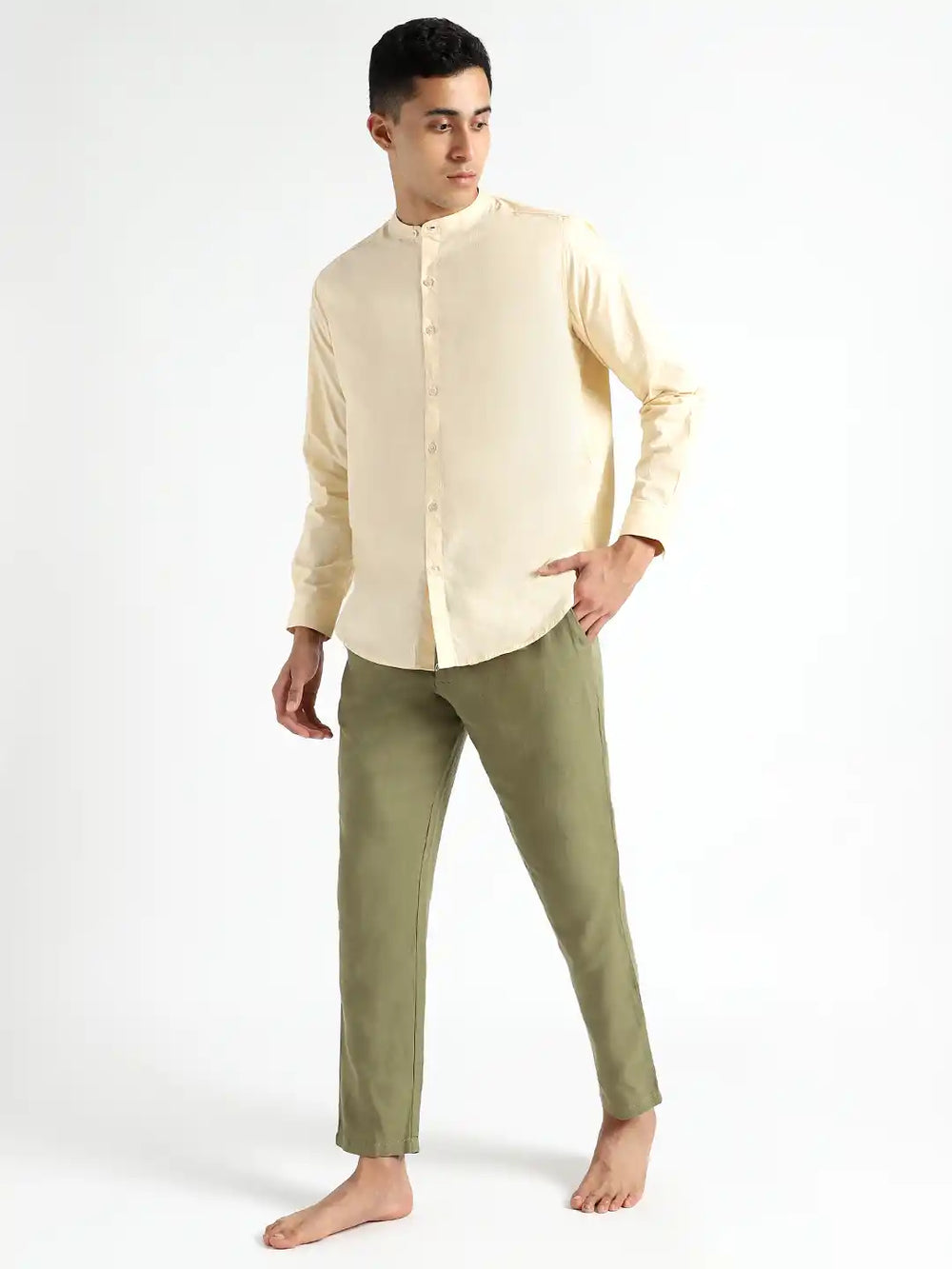 Organic Cotton & Naturally Dyed Mens Round Neck Pale Apricot Shirt by Livbio - EarthBased 