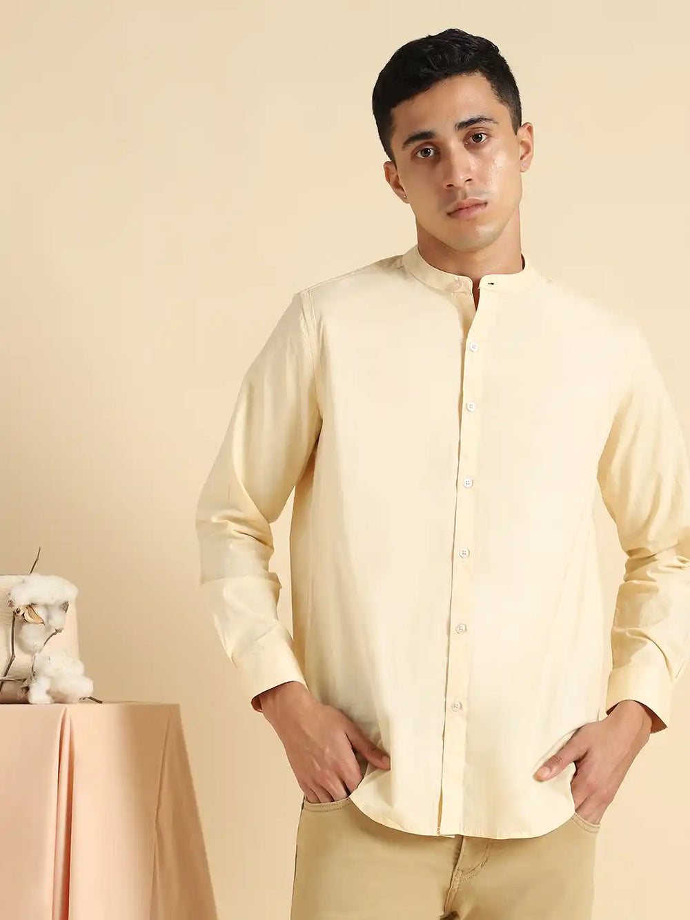 Organic Cotton & Naturally Dyed Mens Round Neck Pale Apricot Shirt by Livbio - EarthBased 