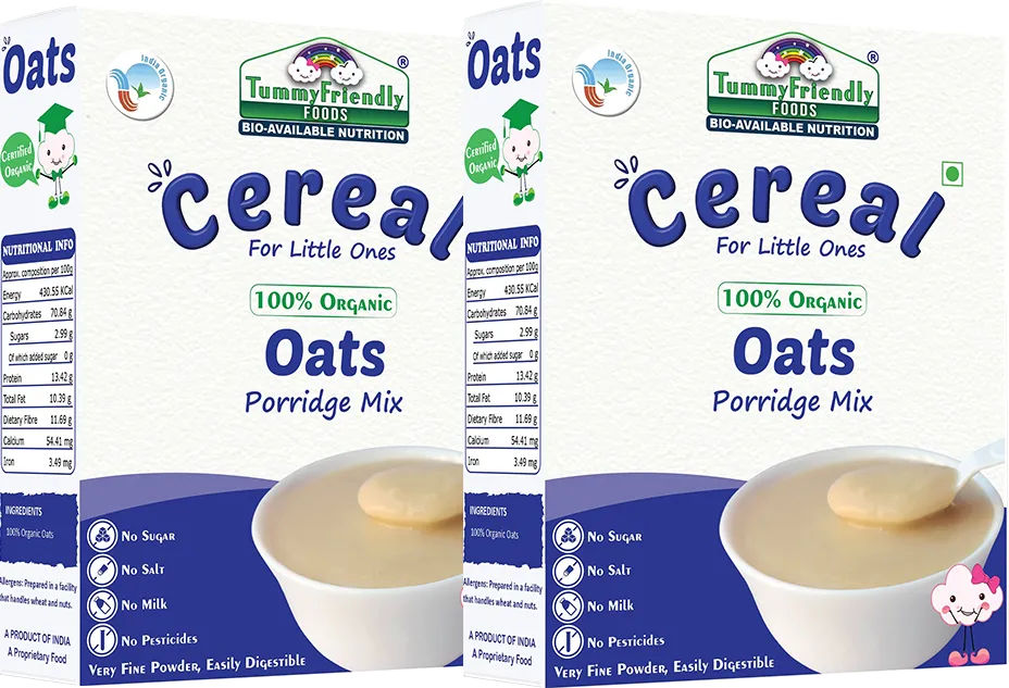 TummyFriendly Foods Certified 100% Organic Oats Porridge Mix , Organic Baby Food for 6 Months Old , Rich in Beta-Glucan, Protein & Fibre , 200g Each, 2 Packs Cereal (400 g, Pack of 2) - EarthBased 