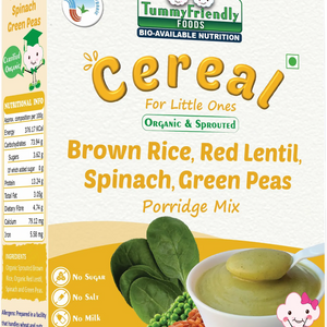 TummyFriendly Foods Certified Organic Sprouted Brown Rice, Red Lentil, Spinach, Green Peas Porridge Mix | Excellent Weight Gain Baby Food| Made of Sprouted Brown Rice | 200g Cereal (200 g) - EarthBased 