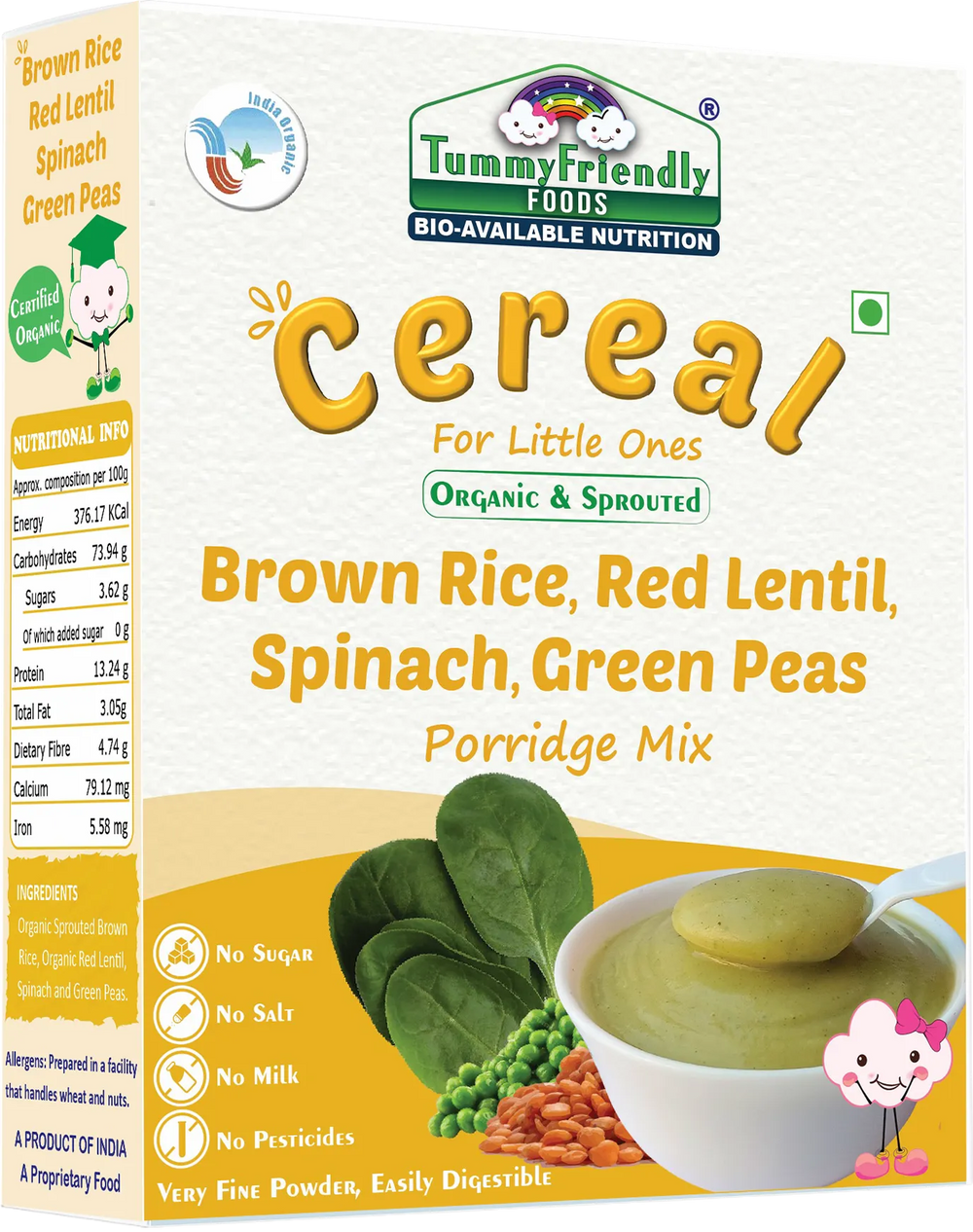 TummyFriendly Foods Certified Organic Sprouted Brown Rice, Red Lentil, Spinach, Green Peas Porridge Mix | Excellent Weight Gain Baby Food| Made of Sprouted Brown Rice | 200g Cereal (200 g) - EarthBased 
