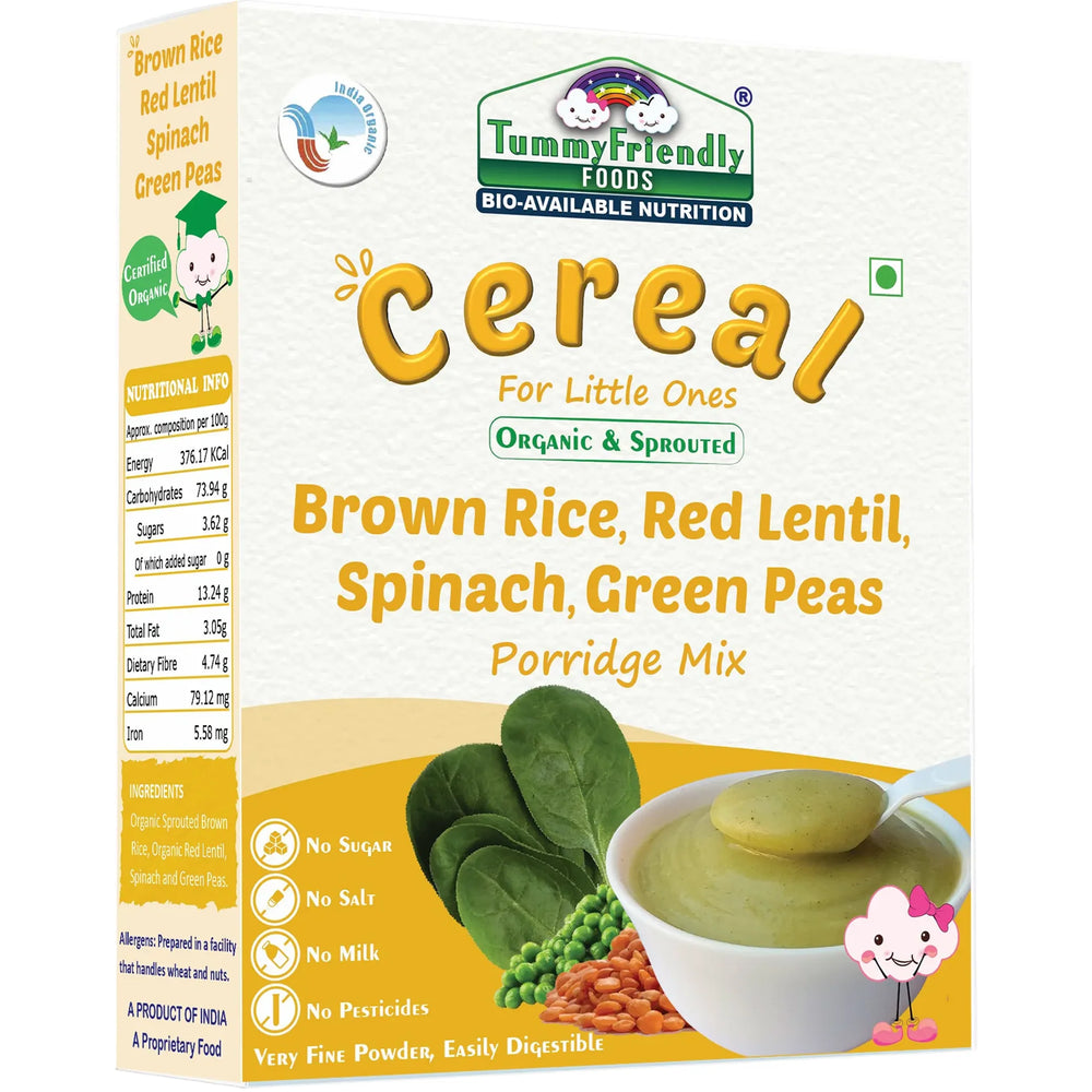 TummyFriendly Foods Certified Organic Sprouted Brown Rice, Red Lentil, Spinach, Green Peas Porridge Mix | Excellent Weight Gain Baby Food| Made of Sprouted Brown Rice | 200g Cereal (200 g) - EarthBased 
