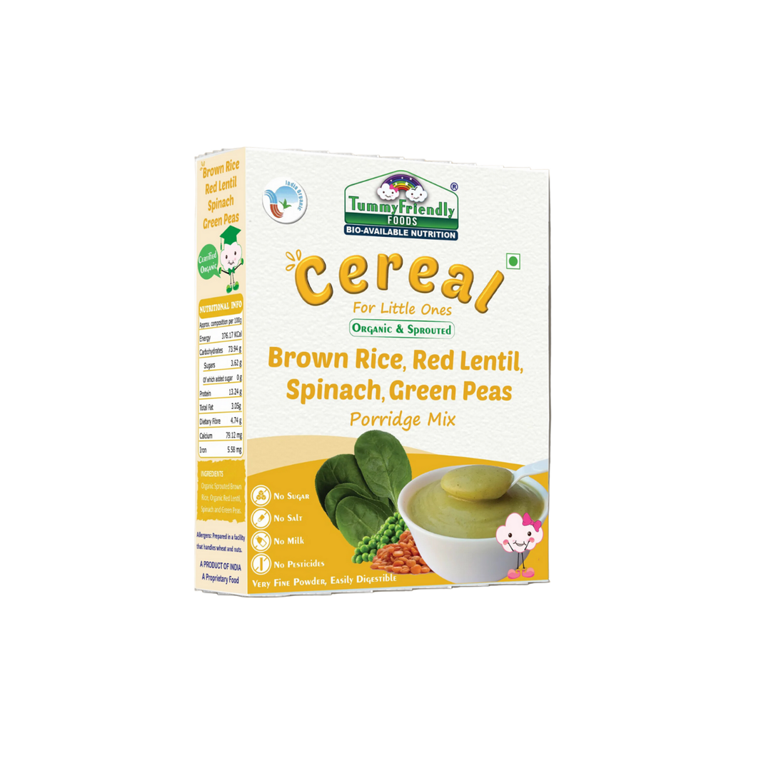 TummyFriendly Foods Certified Organic Sprouted Brown Rice, Red Lentil, Spinach, Green Peas Porridge Mix | Excellent Weight Gain Baby Food| Made of Sprouted Brown Rice | 200g Cereal (200 g) - EarthBased 