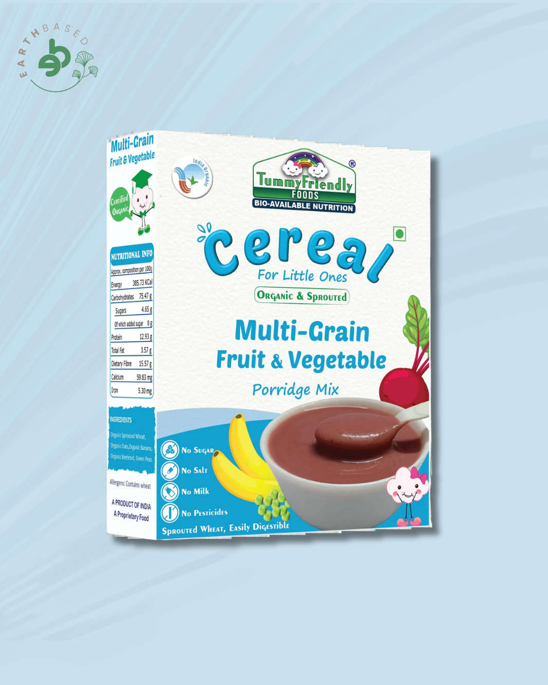 TummyFriendly Foods Certified Organic Sprouted Multi Grain Fruit Vegetable (Sprouted Wheat, Oats, Banana, Beetroot, Green Peas) Porridge Mix | Organic Baby Food For 8 Months Old | Made of Sprouted Whole Wheat | 200g Cereal (200 g, 8+ Months) - EarthBased 