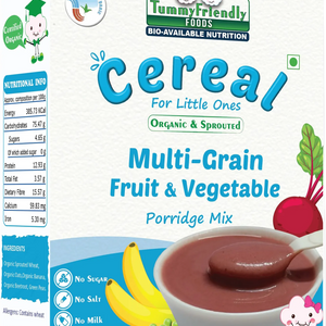 TummyFriendly Foods Certified Organic Sprouted Multi Grain Fruit Vegetable (Sprouted Wheat, Oats, Banana, Beetroot, Green Peas) Porridge Mix | Organic Baby Food For 8 Months Old | Made of Sprouted Whole Wheat | 200g Cereal (200 g, 8+ Months) - EarthBased 