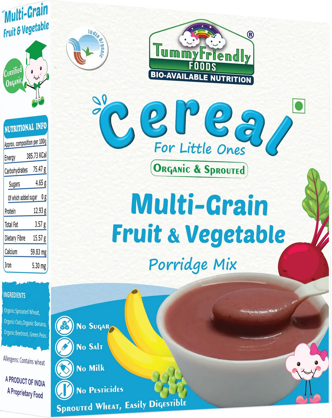 TummyFriendly Foods Certified Organic Sprouted Multi Grain Fruit Vegetable (Sprouted Wheat, Oats, Banana, Beetroot, Green Peas) Porridge Mix | Organic Baby Food For 8 Months Old | Made of Sprouted Whole Wheat | 200g Cereal (200 g, 8+ Months) - EarthBased 