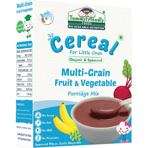 TummyFriendly Foods Certified Organic Sprouted Multi Grain Fruit Vegetable (Sprouted Wheat, Oats, Banana, Beetroot, Green Peas) Porridge Mix | Organic Baby Food For 8 Months Old | Made of Sprouted Whole Wheat | 200g Cereal (200 g, 8+ Months) - EarthBased 