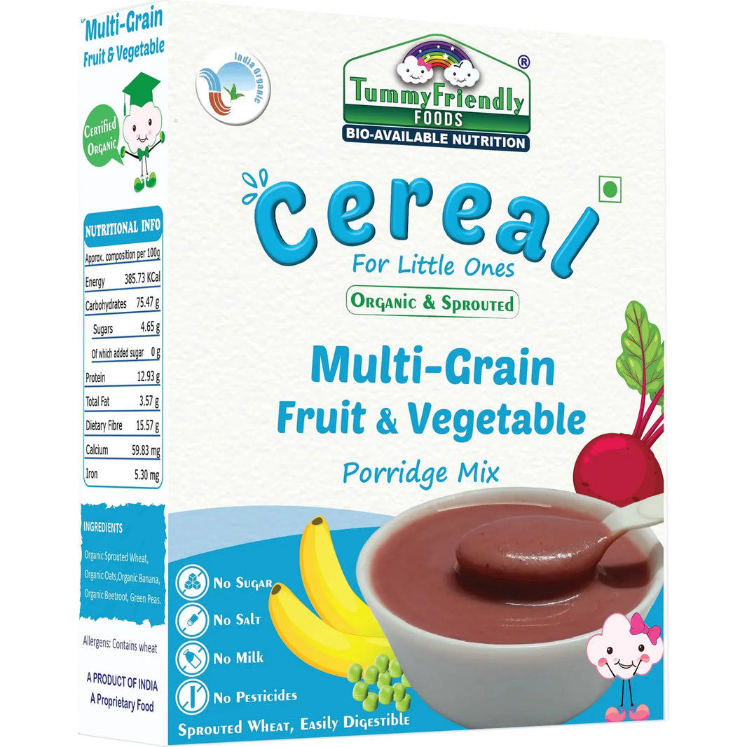 TummyFriendly Foods Certified Organic Sprouted Multi Grain Fruit Vegetable (Sprouted Wheat, Oats, Banana, Beetroot, Green Peas) Porridge Mix | Organic Baby Food For 8 Months Old | Made of Sprouted Whole Wheat | 200g Cereal (200 g, 8+ Months) - EarthBased 