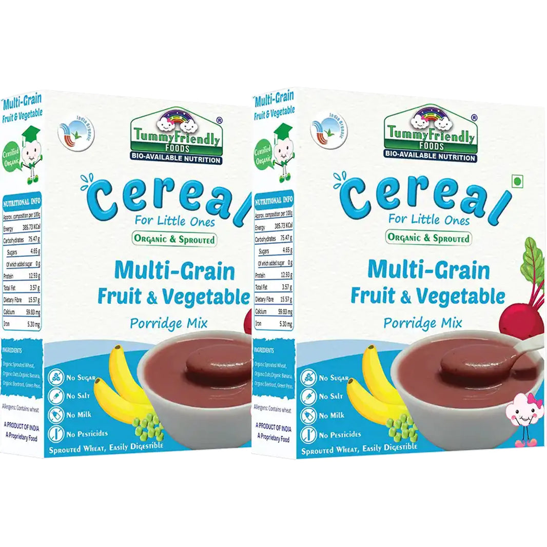 TummyFriendly Foods Certified Organic Sprouted Multi Grain Fruit Vegetable Porridge Mix | Organic Baby Food For 8 Months Old , Made of Sprouted Whole Wheat , 200g Each (400 g, Pack of 2) - EarthBased 