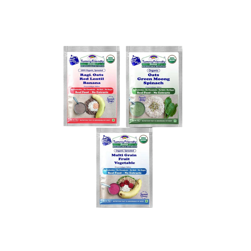 TummyFriendly Foods Certified Stage3 Porridge Mixes Trial Packs - Ragi, Oats, MultiGrain |Organic Baby Food for 8 Months Old Baby |3 Packs, 50g Each Cereal (150 g, 2 x Pack of 3) - EarthBased 