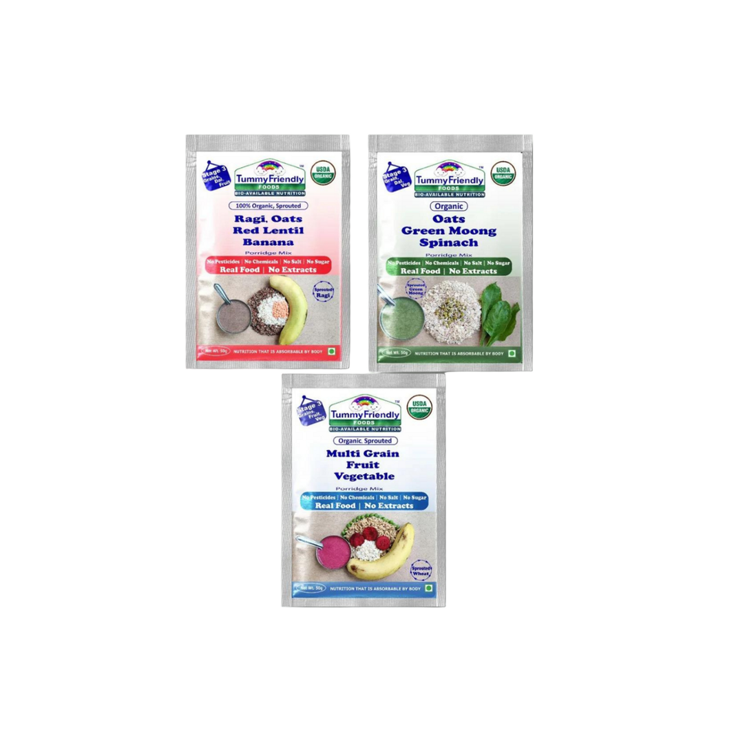 TummyFriendly Foods Certified Stage3 Porridge Mixes Trial Packs - Ragi, Oats, MultiGrain |Organic Baby Food for 8 Months Old Baby |3 Packs, 50g Each Cereal (150 g, 2 x Pack of 3) - EarthBased 