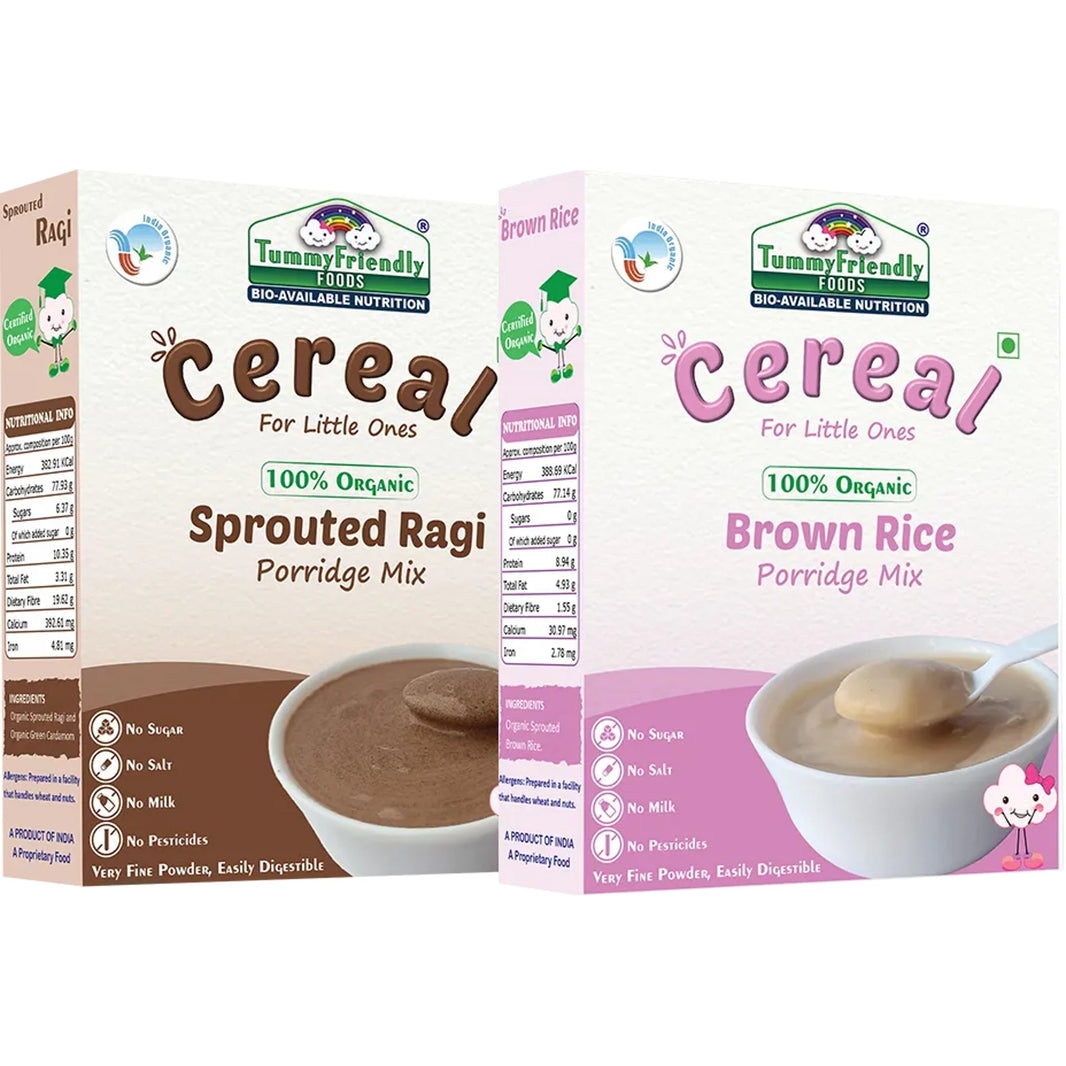 TummyFriendly Foods Certified Stage1 Porridge Mixes | Organic Baby Food for 6 Months Old Baby | Ragi, Brown Rice - 2 Packs, 200g Each Cereal (400 g, Pack of 2) - EarthBased 