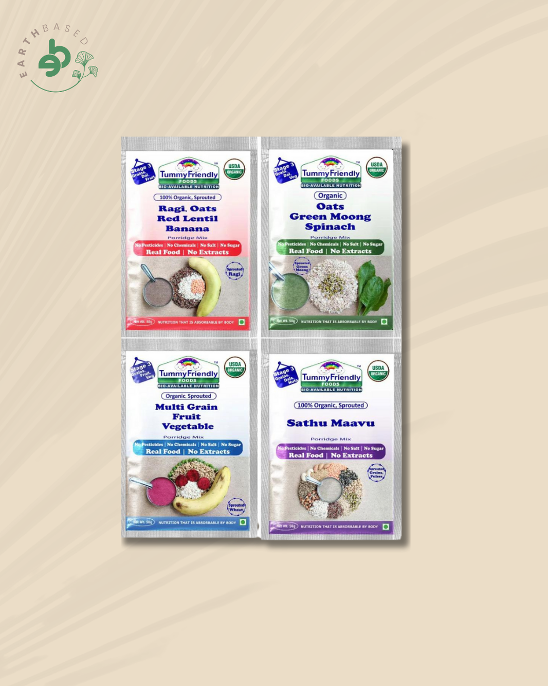 TummyFriendly Foods Certified Stage3 Porridge Mixes Trial Packs - Ragi, MultiGrain, Oats, Sathu Maavu | Organic Baby Food for 8 Months Old Baby |4 Packs, 50g Each Cereal (200 g, Pack of 4) - EarthBased 