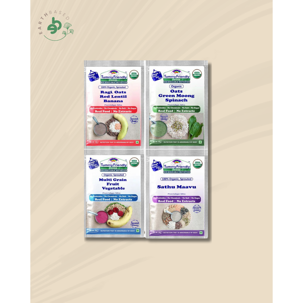 TummyFriendly Foods Certified Stage3 Porridge Mixes Trial Packs - Ragi, MultiGrain, Oats, Sathu Maavu | Organic Baby Food for 8 Months Old Baby |4 Packs, 50g Each Cereal (200 g, 2 x Pack of 4) - EarthBased 