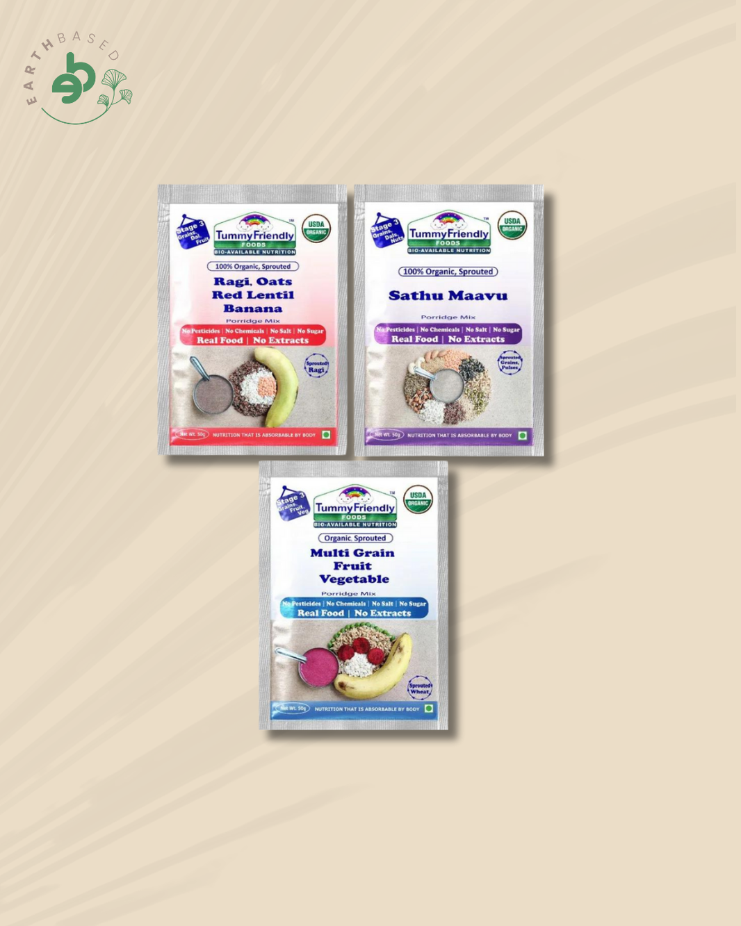 TummyFriendly Foods Certified Stage3 Porridge Mixes Trial Packs - Ragi, Sathu Maavu, MultiGrain | Organic Baby Food for 8 Months Old Baby |3 Packs, 50g Each Cereal (150 g, Pack of 3) - EarthBased 