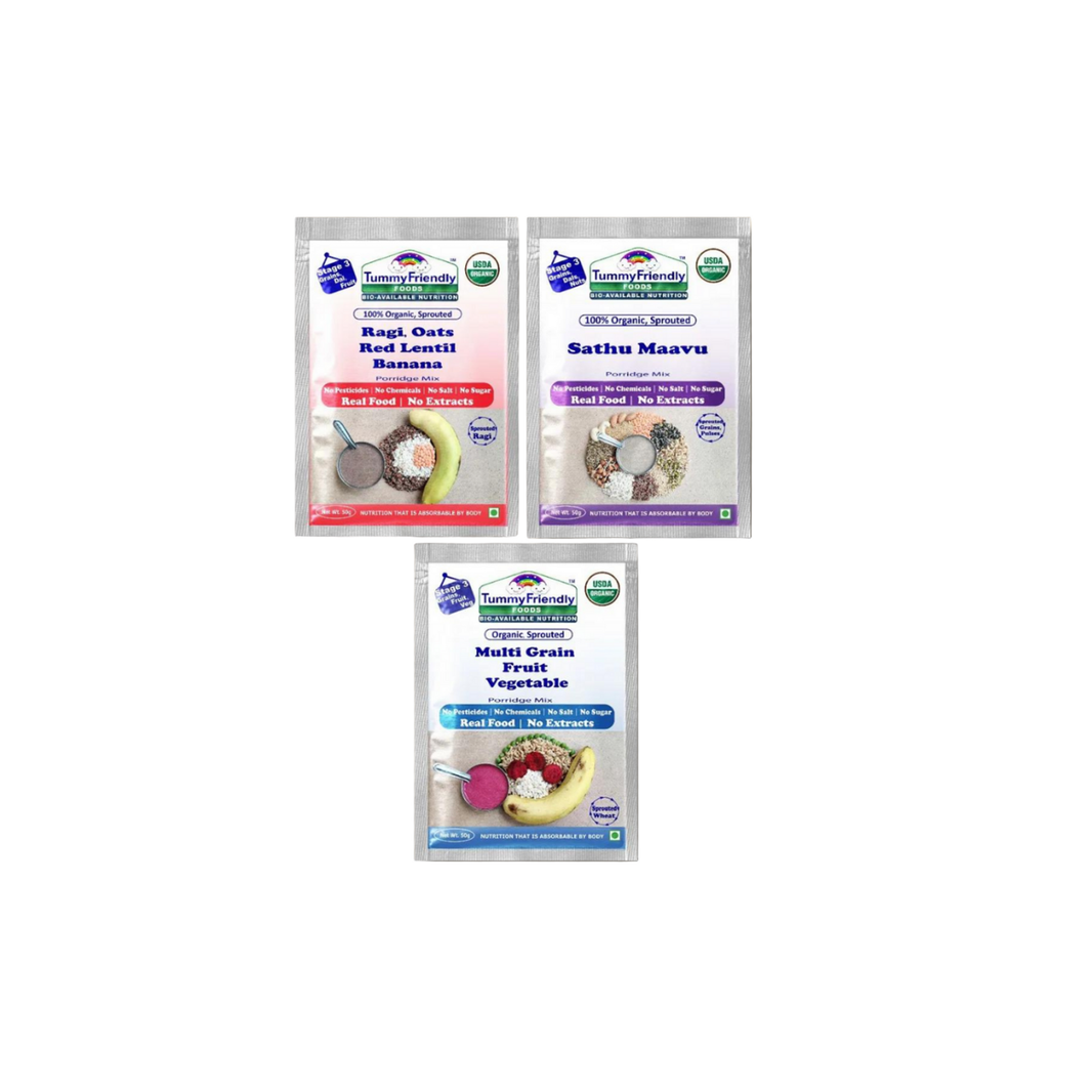 TummyFriendly Foods Certified Stage3 Porridge Mixes Trial Packs - Ragi, Sathu Maavu, MultiGrain | Organic Baby Food for 8 Months Old Baby |3 Packs, 50g Each Cereal (150 g, 2 x Pack of 3) - EarthBased 