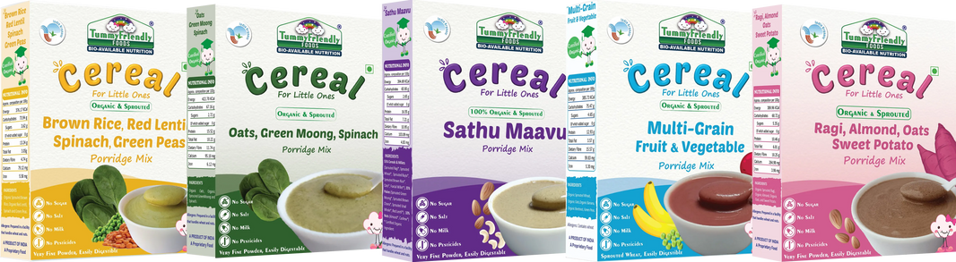 TummyFriendly Foods Organic Certified Stage3 Sprouted Porridge Mixes Combo - 5 Packs | Organic Baby Food for 8 Months Old Baby |5 Packs, 200g Each Cereal (1 kg, Pack of 5) - EarthBased 