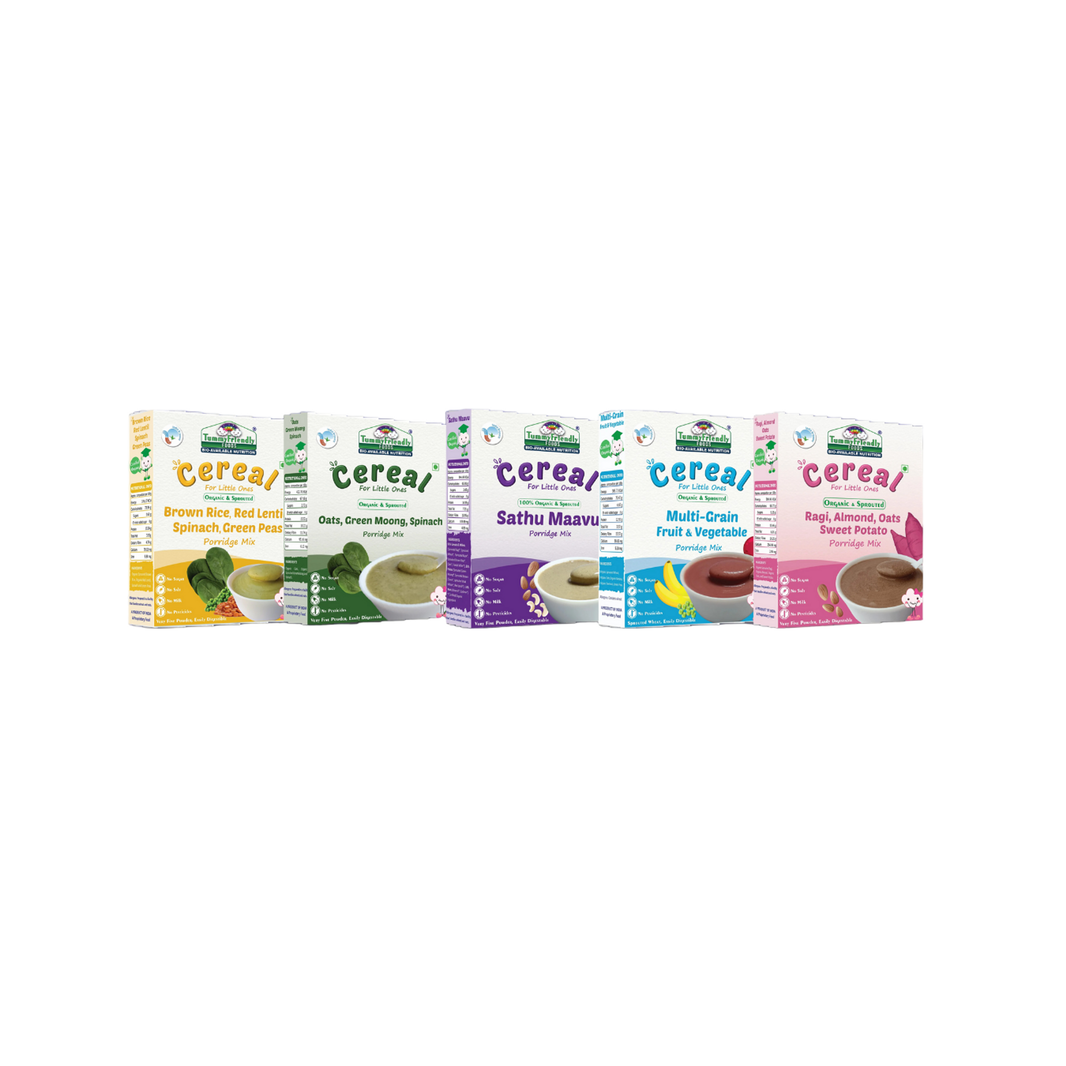 TummyFriendly Foods Organic Certified Stage3 Sprouted Porridge Mixes Combo - 5 Packs | Organic Baby Food for 8 Months Old Baby |5 Packs, 200g Each Cereal (1 kg, Pack of 5) - EarthBased 