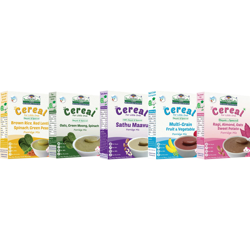 TummyFriendly Foods Organic Certified Stage3 Sprouted Porridge Mixes Combo - 5 Packs | Organic Baby Food for 8 Months Old Baby |5 Packs, 200g Each Cereal (1 kg, Pack of 5) - EarthBased 