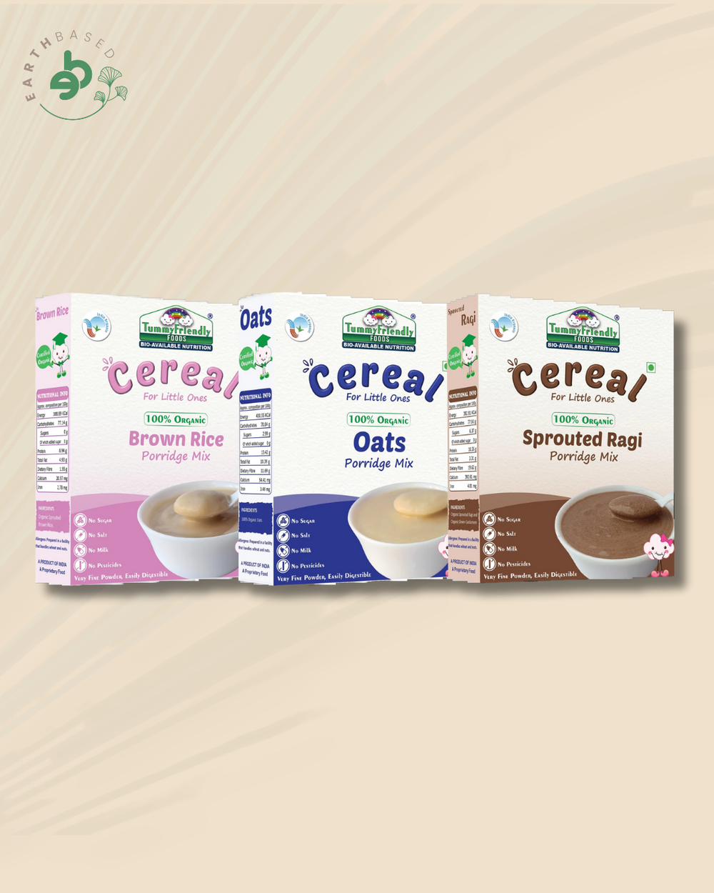 TummyFriendly Foods Certified Organic Stage1 Sprouted Porridge Mixes Combo Pack| Sprouted Ragi, Sprouted Brown Rice and Oats | 200g Each, Cereal (600 g, Pack of 3) - EarthBased 