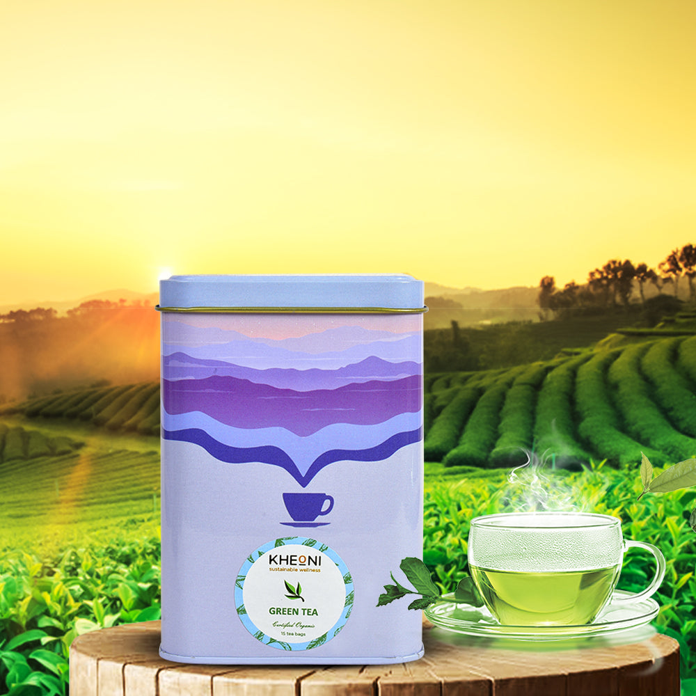 Kheoni organic green tea pack – close-up
