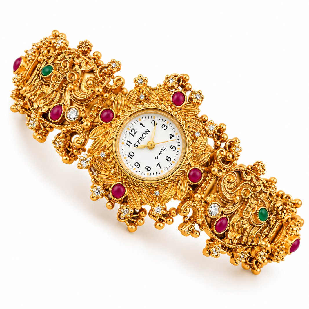 Kashmiri Temple Gold Bracelet Watch with ruby-red and green stones