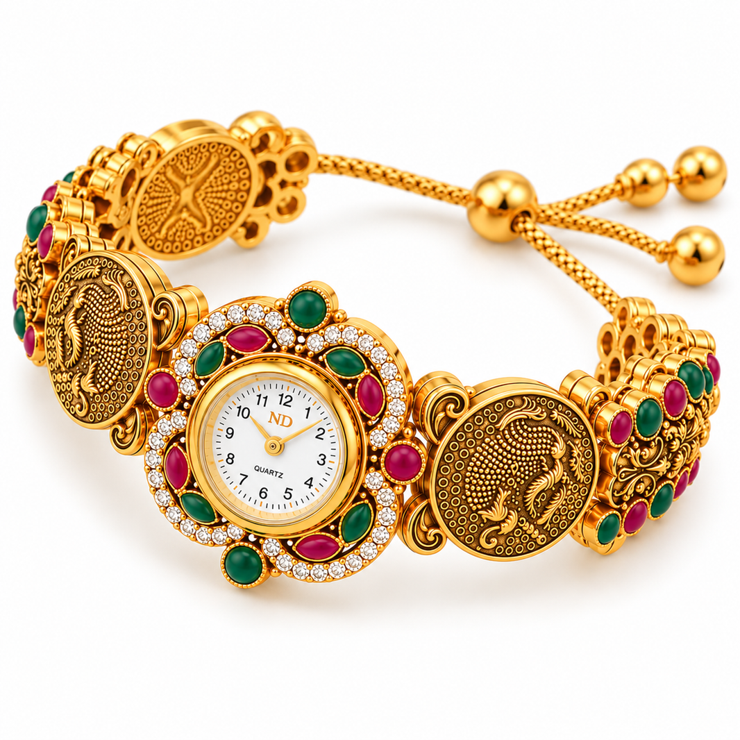 Kashmiri Peacock Coin Bracelet Watch with peacock coin links